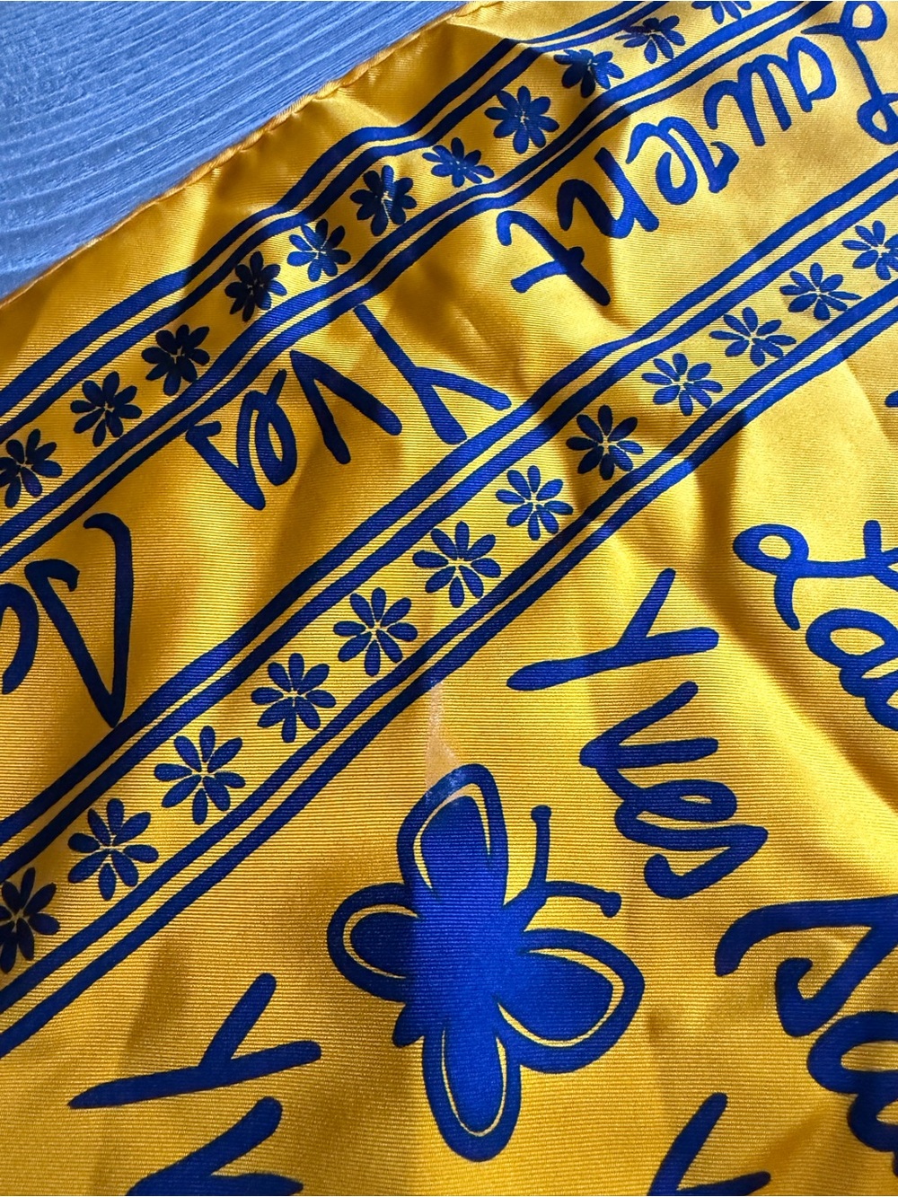 Vintage Yves Saint Laurent Silk Scarf Yellow and Cobalt sailboat heart butterfly - Picture 2 of 7